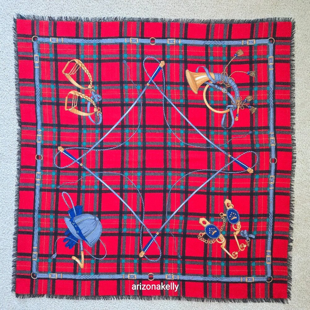 Wool Square Scarf Red Plaid Equestrian Design Made in Italy